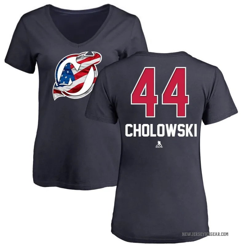 Dennis Cholowski Women's Navy New Jersey Devils Name and Number Banner Wave V-Neck T-Shirt -