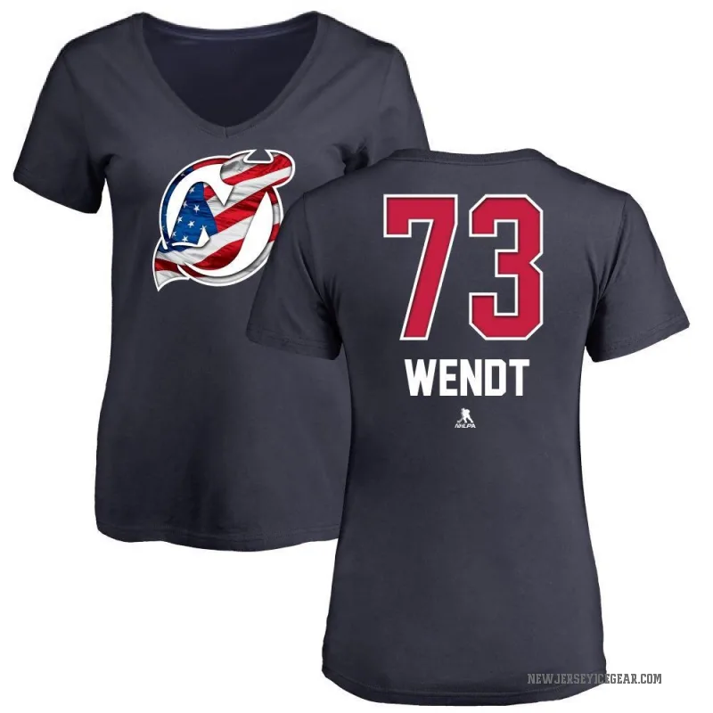Dylan Wendt Women's Navy New Jersey Devils Name and Number Banner Wave V-Neck T-Shirt -