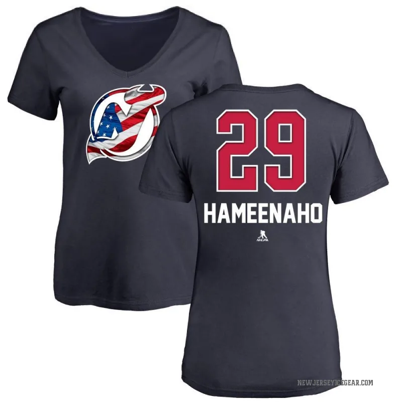 Lenni Hameenaho Women's Navy New Jersey Devils Name and Number Banner Wave V-Neck T-Shirt -