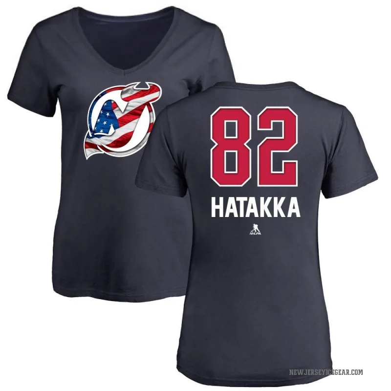 Santeri Hatakka Women's Navy New Jersey Devils Name and Number Banner Wave V-Neck T-Shirt -